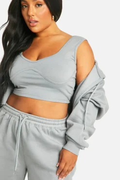 New boohoo Plus Seam Detail Crop Top 3 Piece Hooded Tracksuit sage