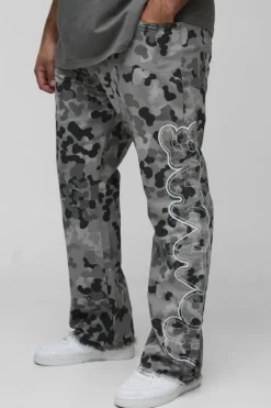 Hot boohooMAN Plus Self Applique Gusset Detail Camo Slim Fit Flared Trousers grey