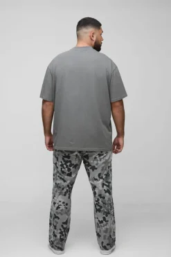 Hot boohooMAN Plus Self Applique Gusset Detail Camo Slim Fit Flared Trousers grey
