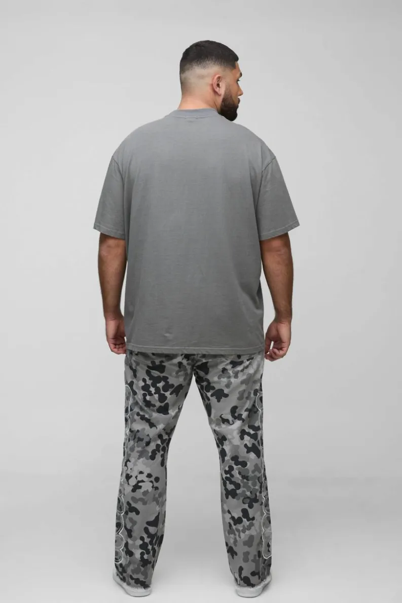 Hot boohooMAN Plus Self Applique Gusset Detail Camo Slim Fit Flared Trousers grey