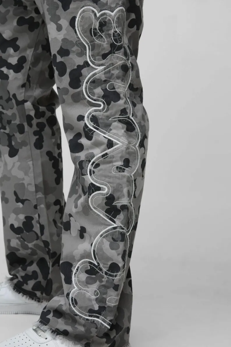 Hot boohooMAN Plus Self Applique Gusset Detail Camo Slim Fit Flared Trousers grey
