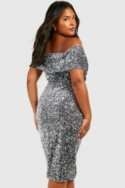 Shop boohoo Plus Sequin Off The Shoulder Wrap Midi Dress silver