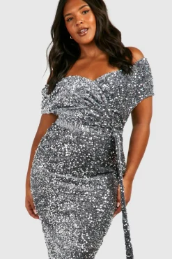 Shop boohoo Plus Sequin Off The Shoulder Wrap Midi Dress silver
