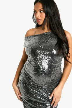 Shop boohoo Plus Sequin Ruched Mini Dress black