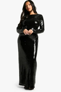 Store boohoo Plus Sequin Tie Back Maxi Column Dress black