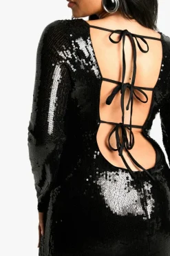 Store boohoo Plus Sequin Tie Back Maxi Column Dress black