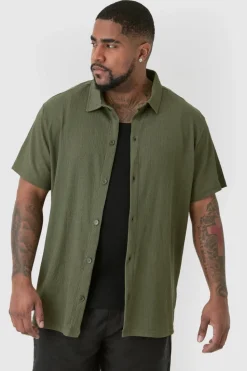 Cheap boohooMAN Plus Short Sleeve Regular Textured Shirt In khaki