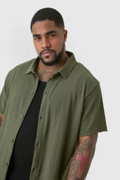 Cheap boohooMAN Plus Short Sleeve Regular Textured Shirt In khaki