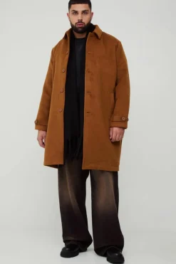 Discount boohooMAN Plus Single Breasted Collared Overcoat In tan