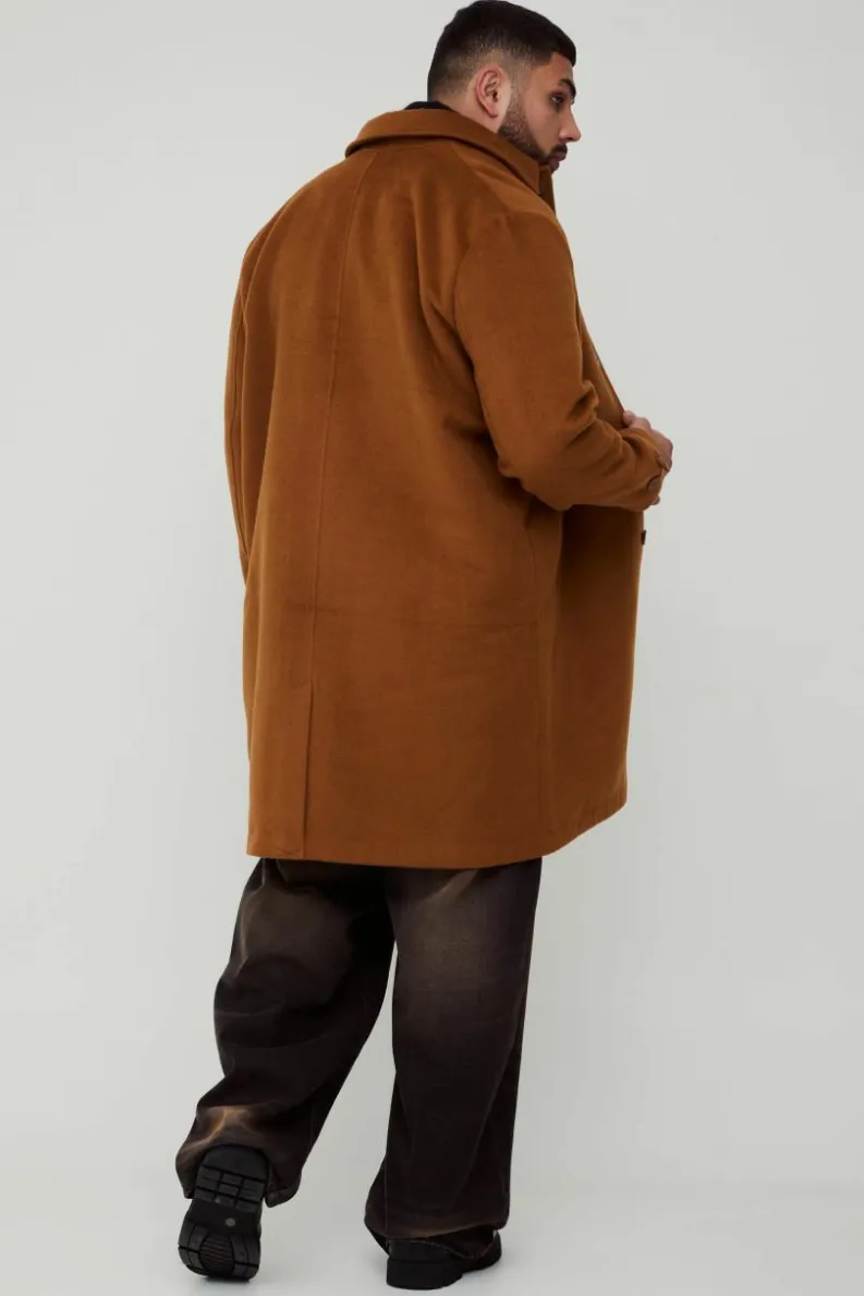 Discount boohooMAN Plus Single Breasted Collared Overcoat In tan