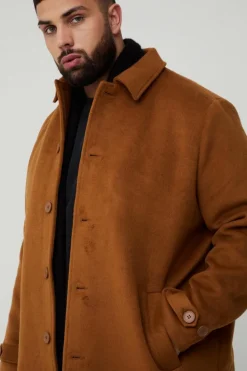 Discount boohooMAN Plus Single Breasted Collared Overcoat In tan