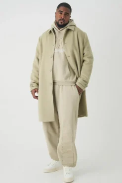 Shop boohooMAN Plus Single Breasted Collared Overcoat In sage