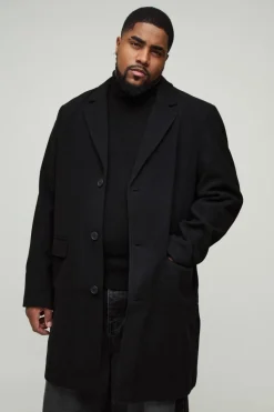 Best Sale boohooMAN Plus Single Breasted Wool Look Overcoat in black