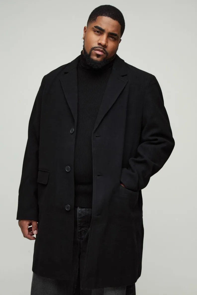 Best Sale boohooMAN Plus Single Breasted Wool Look Overcoat in black