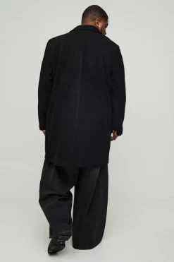 Best Sale boohooMAN Plus Single Breasted Wool Look Overcoat in black