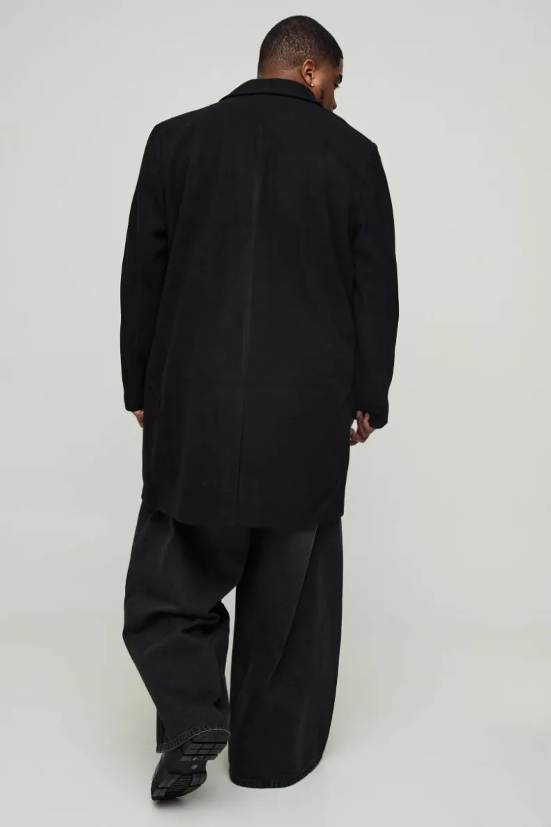 Best Sale boohooMAN Plus Single Breasted Wool Look Overcoat in black