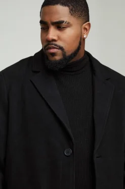 Best Sale boohooMAN Plus Single Breasted Wool Look Overcoat in black