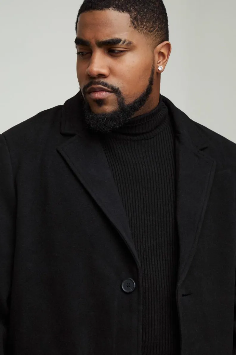 Best Sale boohooMAN Plus Single Breasted Wool Look Overcoat in black