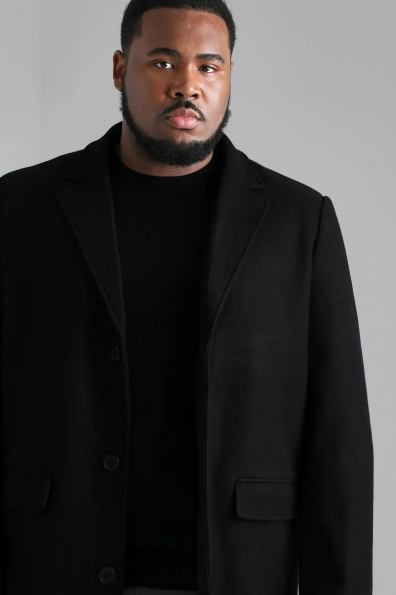 Best Sale boohooMAN Plus Single Breasted Wool Look Overcoat in black
