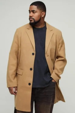 Fashion boohooMAN Plus Single Breasted Wool Look Overcoat in camel