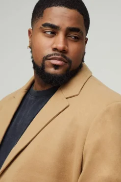 Fashion boohooMAN Plus Single Breasted Wool Look Overcoat in camel