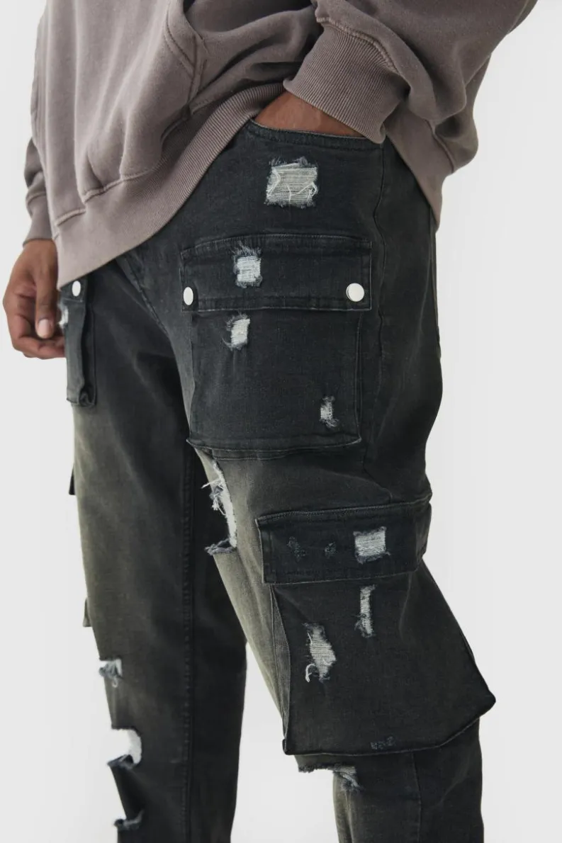 Cheap boohooMAN Plus Skinny Fit Ripped Cargo Jeans washed black