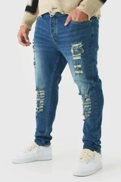 Cheap boohooMAN Plus Skinny Jeans With All Over Rips vintage blue