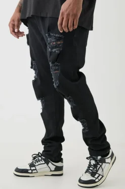 Best Sale boohooMAN Plus Skinny Stretch All Over Rip Jeans true black