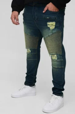 Fashion boohooMAN Plus Skinny Stretch Ripped Distressed Biker Jeans vintage blue