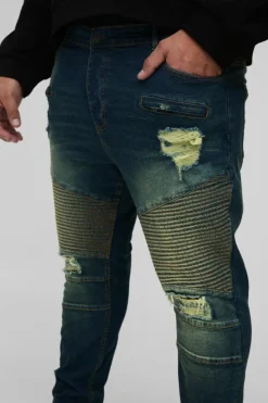 Fashion boohooMAN Plus Skinny Stretch Ripped Distressed Biker Jeans vintage blue