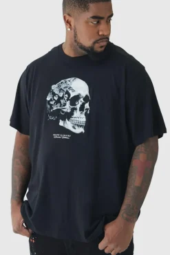 Store boohooMAN Plus Skull Print T-shirt In black