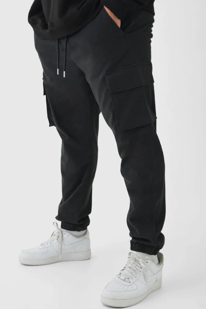 Cheap boohooMAN Plus Slim Fit Elasticated Waist Cuffed Cargo Trousers black