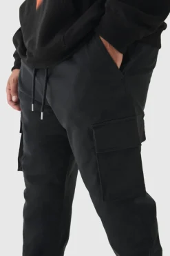 Cheap boohooMAN Plus Slim Fit Elasticated Waist Cuffed Cargo Trousers black