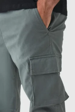 Cheap boohooMAN Plus Slim Fit Elasticated Waist Cuffed Cargo Trousers charcoal