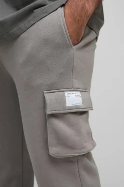 Fashion boohooMAN Plus Slim Fit Super Stacked Woven Tab Cargo Jogger charcoal