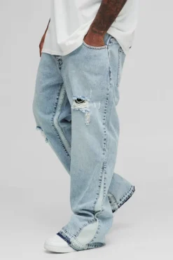 Outlet boohooMAN Plus Slim Flare Gusset Detail Distressed Panel Jeans ice blue