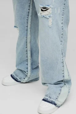 Outlet boohooMAN Plus Slim Flare Gusset Detail Distressed Panel Jeans ice blue