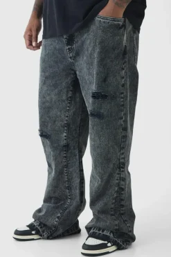 Flash Sale boohooMAN Plus Slim Rigid Flare Distressed Gusset Panel Acid Washed Jeans washed black