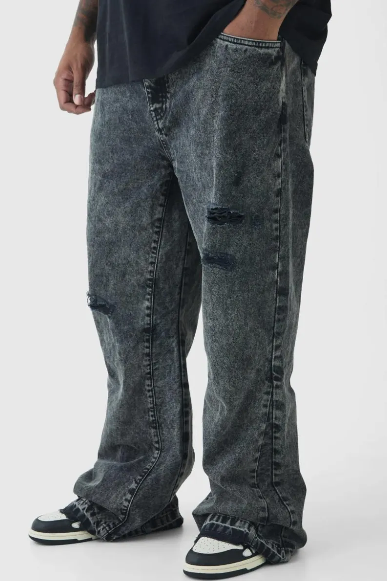 Flash Sale boohooMAN Plus Slim Rigid Flare Distressed Gusset Panel Acid Washed Jeans washed black
