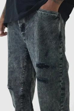 Flash Sale boohooMAN Plus Slim Rigid Flare Distressed Gusset Panel Acid Washed Jeans washed black