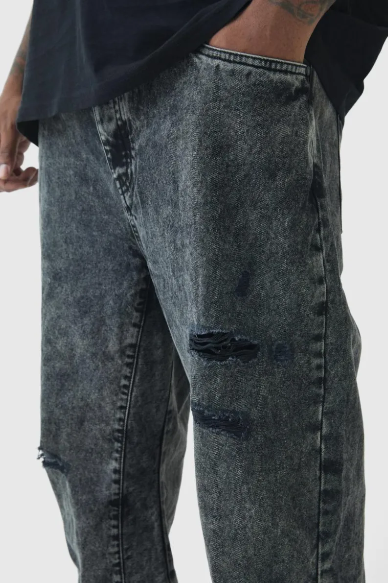 Flash Sale boohooMAN Plus Slim Rigid Flare Distressed Gusset Panel Acid Washed Jeans washed black