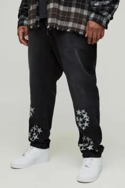 Best Sale boohooMAN Plus Slim Rigid Pu Star Applique Gusset Jeans washed black