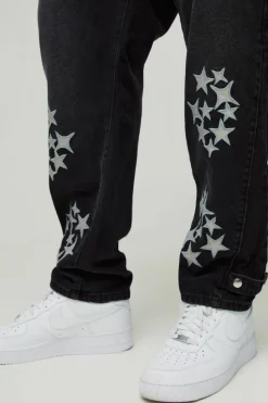 Best Sale boohooMAN Plus Slim Rigid Pu Star Applique Gusset Jeans washed black