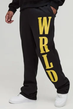 Outlet boohooMAN Plus Slim Stacked Wrld Print Gusset Jogger black