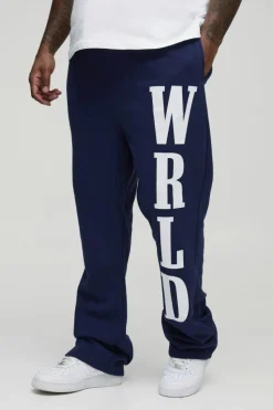 Hot boohooMAN Plus Slim Stacked Wrld Print Gusset Jogger navy