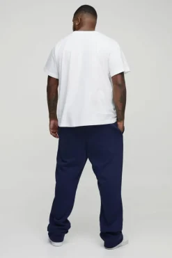 Hot boohooMAN Plus Slim Stacked Wrld Print Gusset Jogger navy