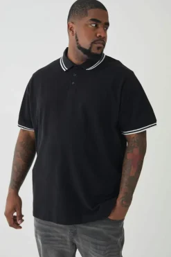 Cheap boohooMAN Plus Slim Tipped Pique Polo In black