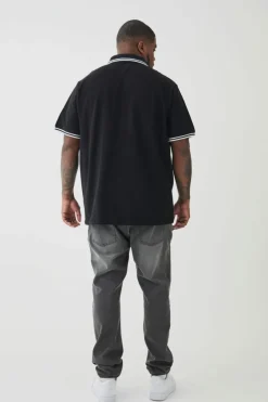 Cheap boohooMAN Plus Slim Tipped Pique Polo In black