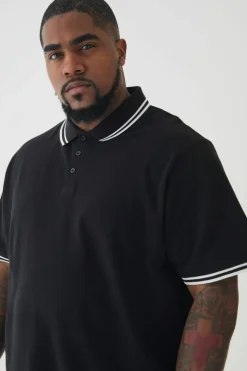 Cheap boohooMAN Plus Slim Tipped Pique Polo In black