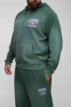 Clearance boohooMAN Plus Spray Wash Waffle Graphic Hooded Tracksuit green